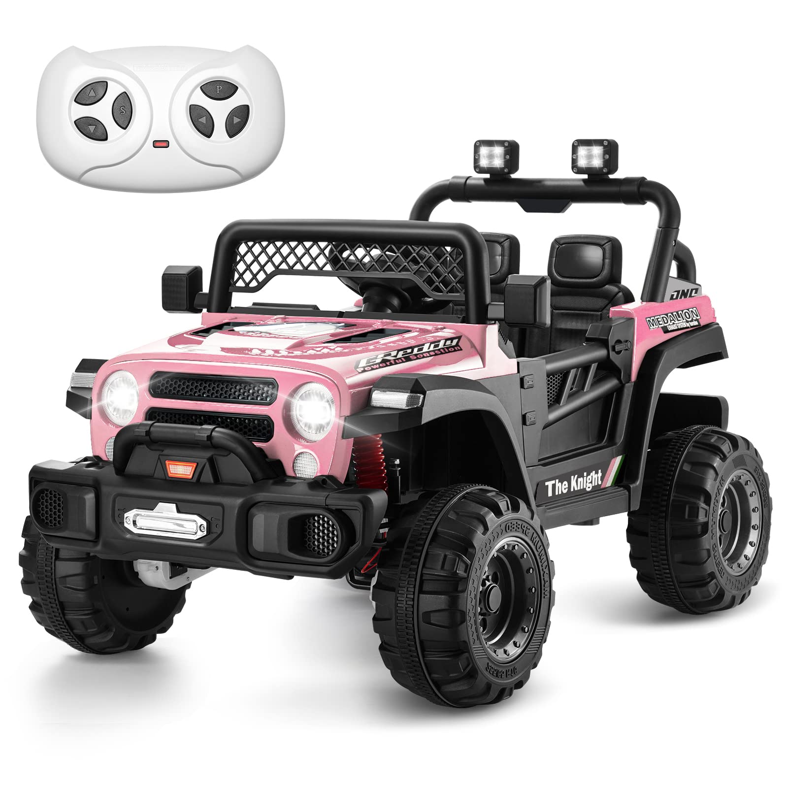 TEOAYEAH 4WD Electric Car for Kids, 12V Battery Powered Wheels with Manual/Parent Control, Seatbelt, Spring Suspension, Storage Trunk, Wireless Music/USB, Ideal Gift to Kids