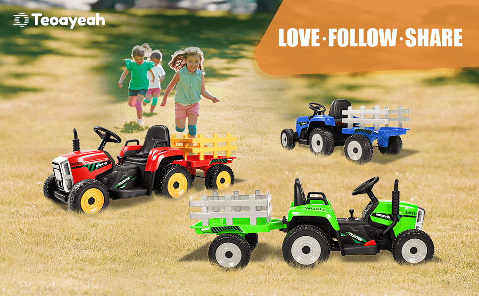 TEOAYEAH 2x35W Powerful Motors EVA Tires Ride on Tractor with Parent Control, 12V 7Ah Kids Electric Tractor Blutooth Music&USB, Detachable Trailer, Safety Belt, 7-LED Lights